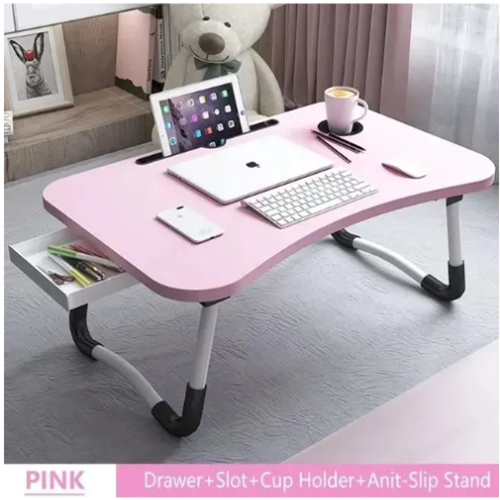 Foldable Laptop Table With Drawer (Pink)