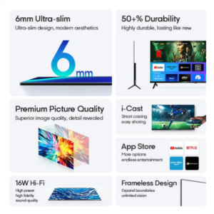 SYINIX 32 INCH LED FRAMELESS EXTREMELY ULTRA SLIM TV PREMIUM PICTURE ICAST AND HIFI SOUND 6MM